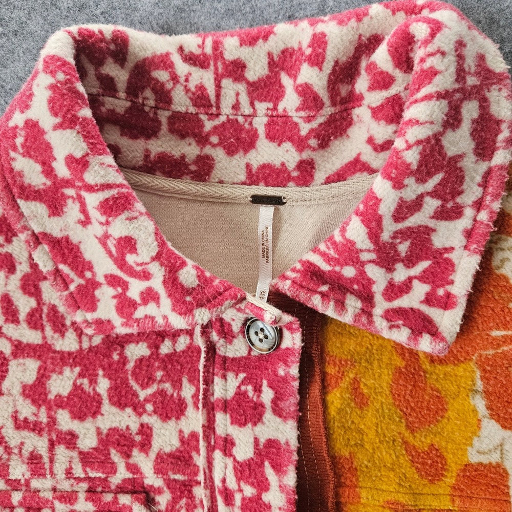 Free People Ruby Jacket Mixed Print Fleece Shacket Red Orange XS - Picture 7 of 9